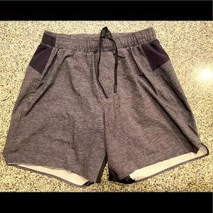 Men’s small lululemon shorts grey with liner and 5” inseam. Very gently used.